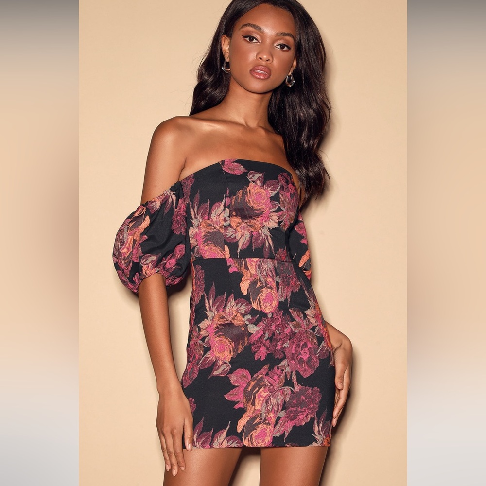 Lulus Head Turnin' Black Floral Print Off-The-Shoulder Bodycon Dress